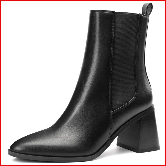 Women's Chelsea Ankle Boots Chunky Block Heel Pointed Toe Tall Shaft